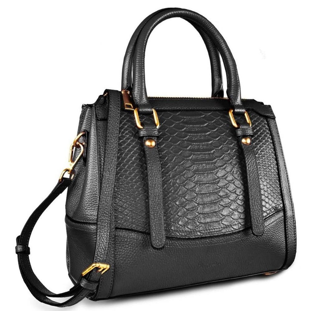 Black Leather Snakeskin‎ Embossed Satchel Handbag Crossbody Bag Gold Hardware